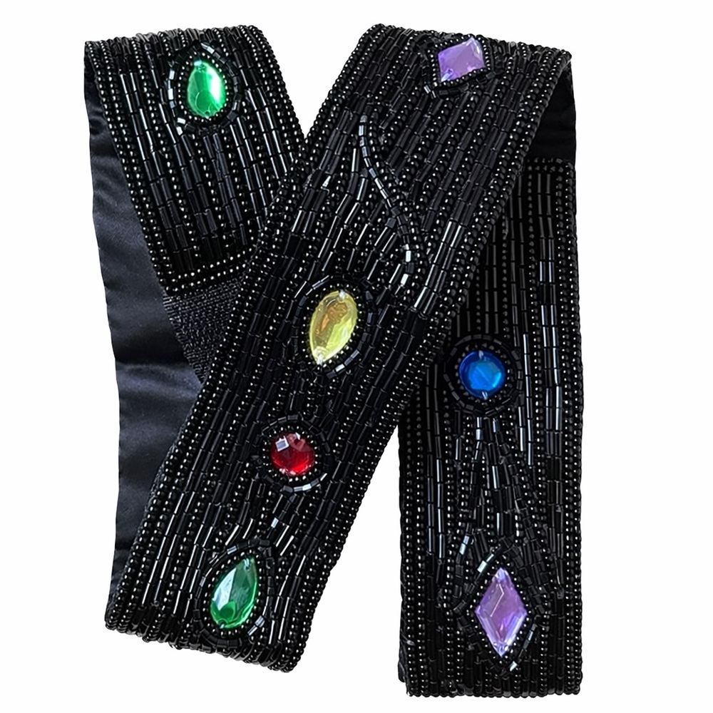 Vintage Michelle Stuart Black Beaded Statement Belt with Jewel Embellishments